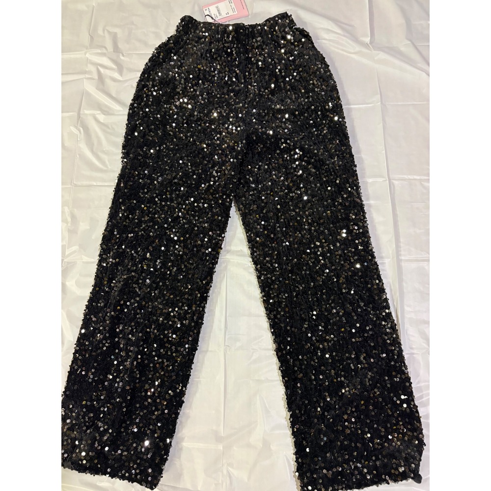 NWT Avec Les Filles Black Sequin Wide Leg Pants Women's Size XS Party Disco - Picture 1 of 10